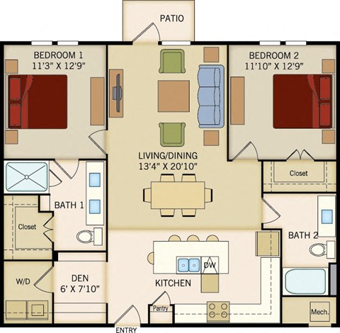 2 BD 2 Bath floorplan 1216 sqft